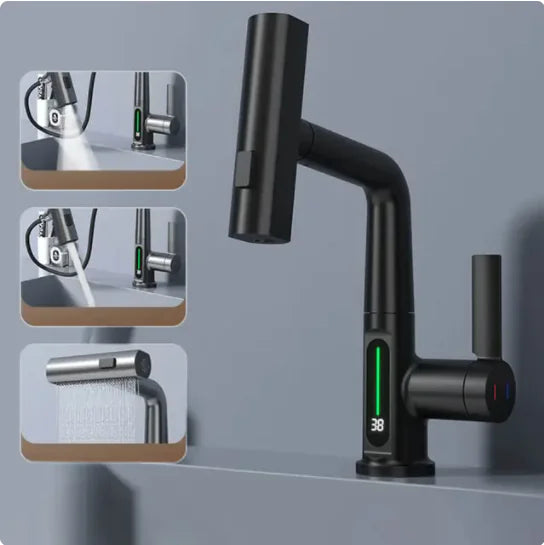 Digital Display Pull-Down Waterfall Basin Faucet Black With screen