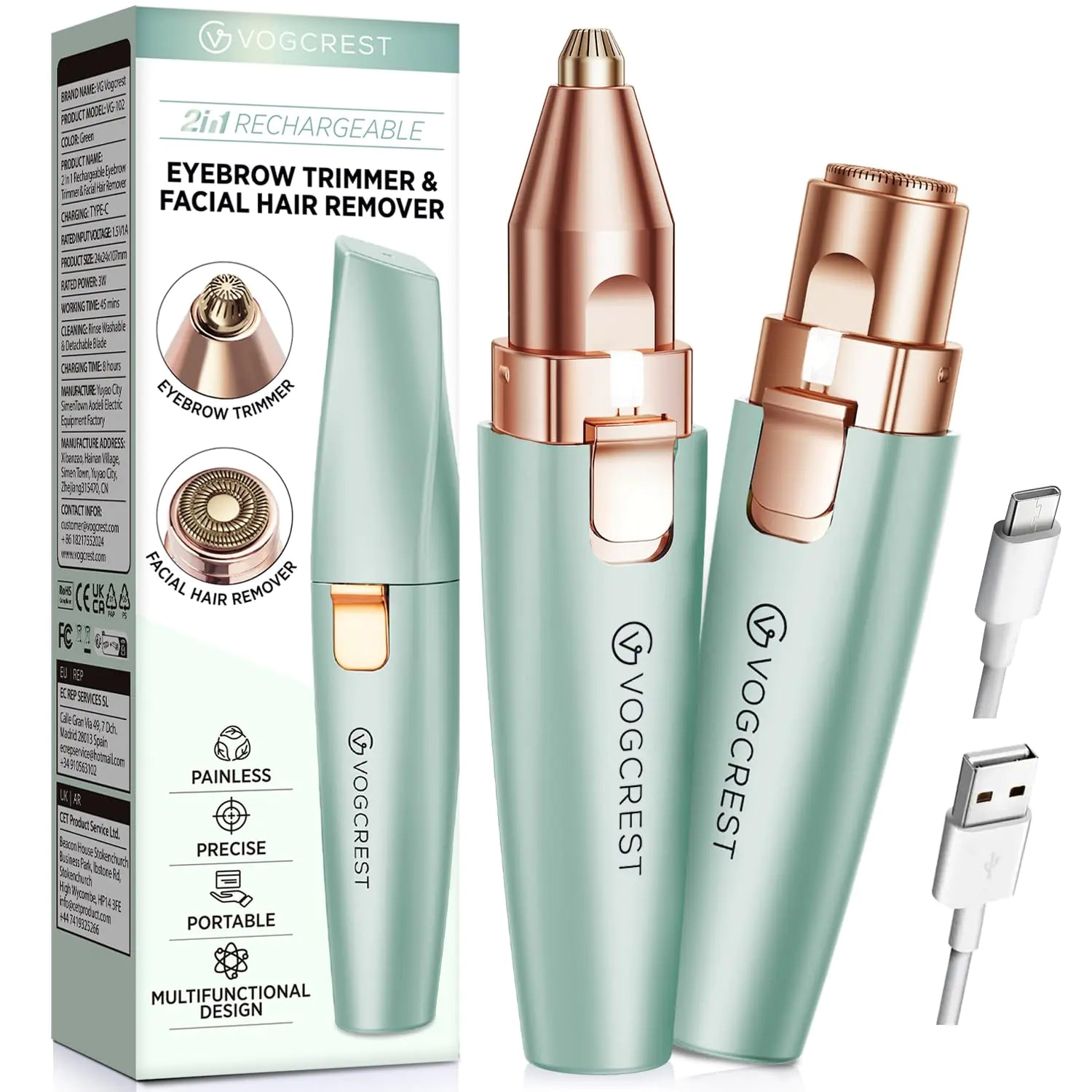 2-in-1 Facial & Nose Hair Remover for Women – Professional Painless Electric Shaver & Trimmer with USB-C Charging and Lifetime Guarantee