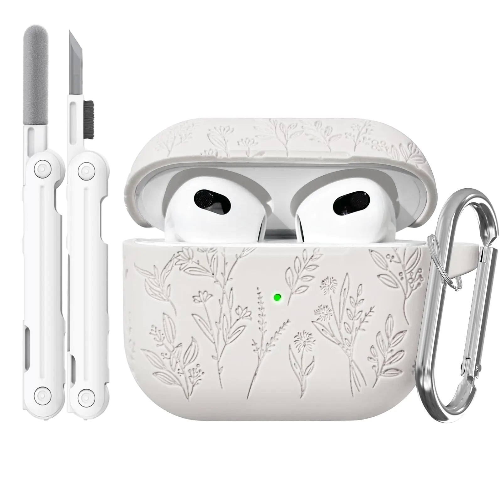 Flower Engraved Case for Apple AirPods 3rd Generation Case 2021 Soft Silicone Protective Case for AirPods 3 Case for Women Airpod Case with Clean KitCarabinerFront LED VisibleWhite