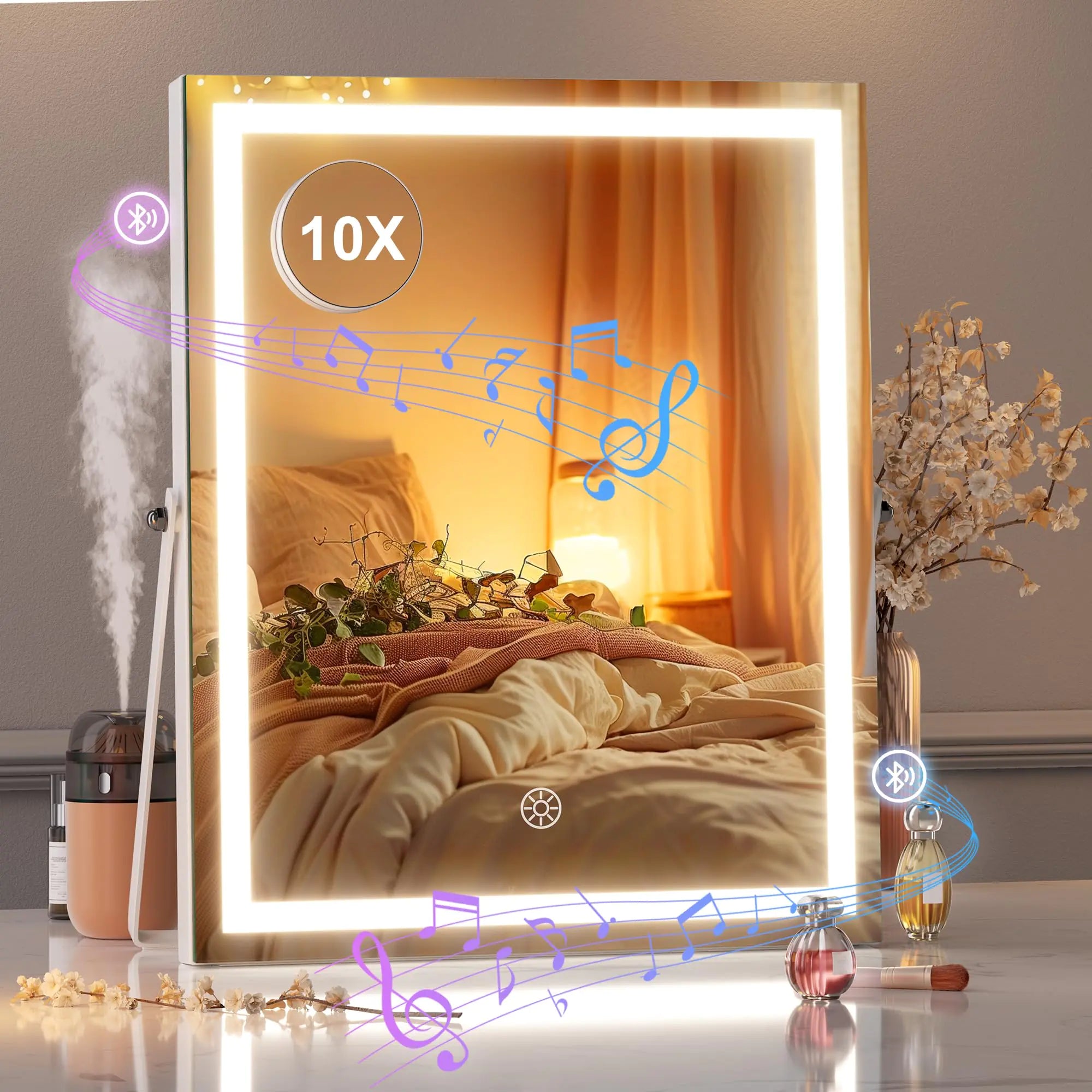 Hasipu Vanity Mirror with Lights and Bluetooth Speaker 11.4" x 13.8" LED Makeup Mirror with 10X Magnification Smart Touch 3 Colors Dimmable Brightness Adjustment 360° Rotation White Square White-bluetooth 11.4"L x 13.8"W