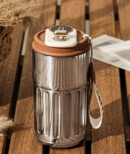 Smart Digital Thermal Bottle Portable Coffee Mug Stainless Steel Water Bottle In-Car Insulated Cup Keep Cold Vacuum Flasks 450ml Antique Silver Coffee