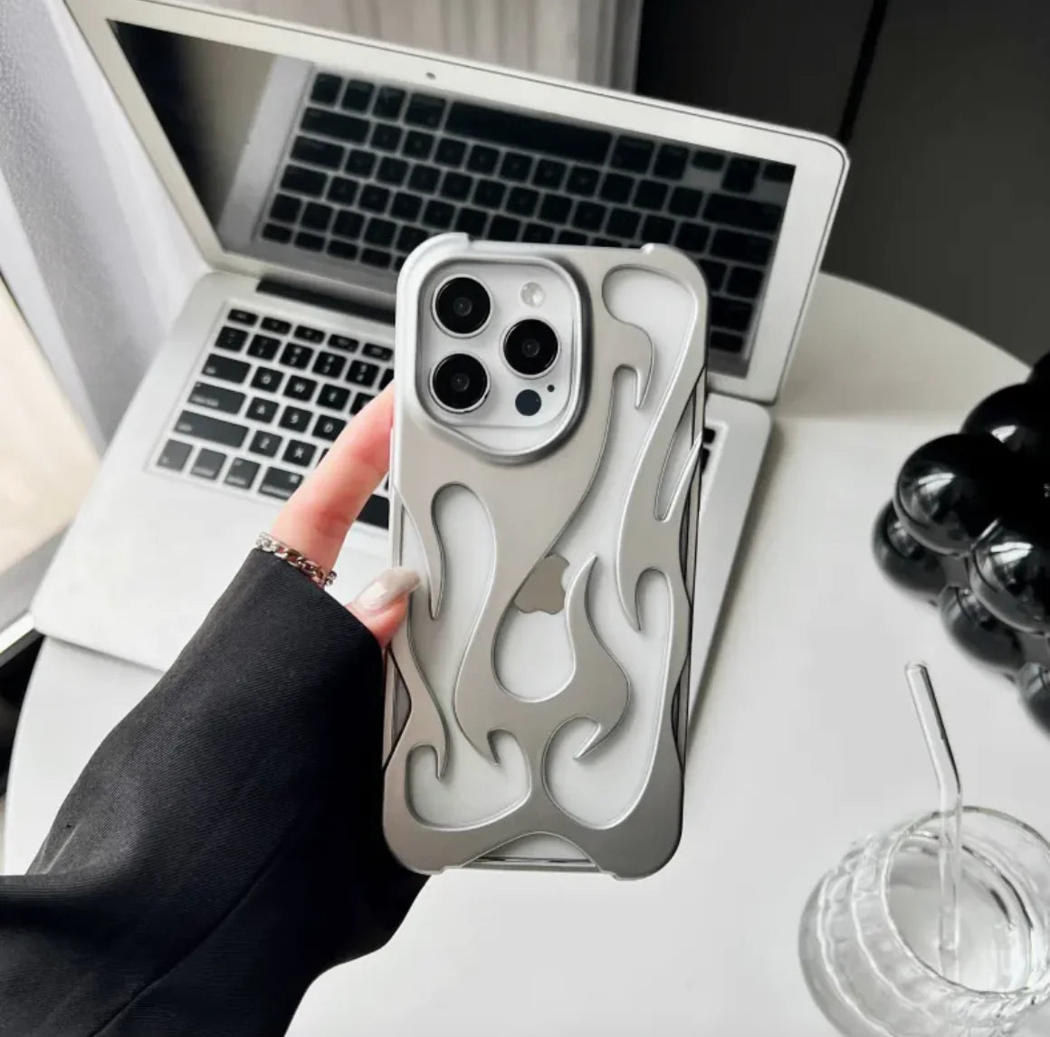 Flame Pattern Electroplated Phone Case Frosted Silver 13pro 14pro 15pro