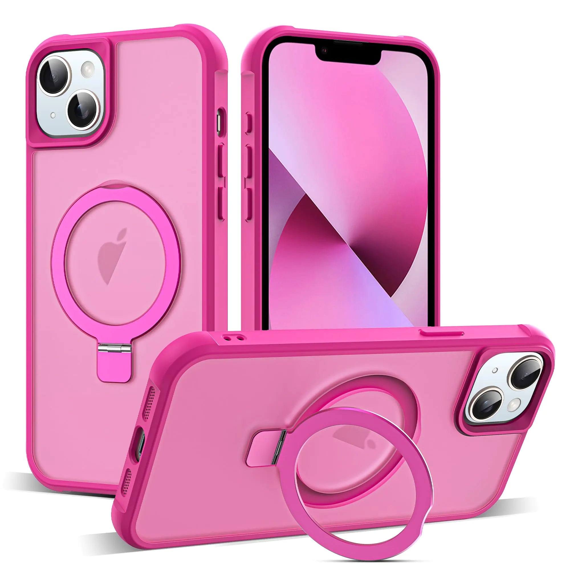 Case for iPhone 13 Case & iPhone 14: Invisible Magnetic O-Ring Stand Phone Case Compatible with MagSafe Military-Grade Translucent Case Great Grip Feeling Case for iPhone 13 & 14 Case 6.1" - Hot Pink