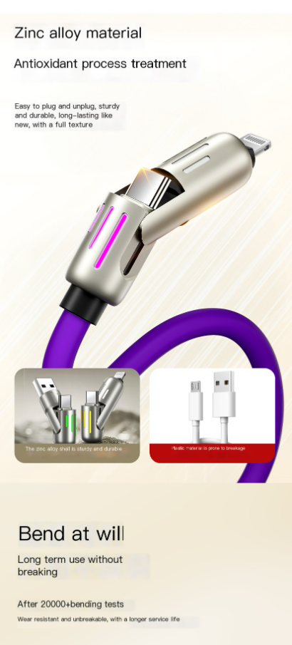 Aptus Praxis 4-in-1 Liquid Silicone Data & Charging Cable - USB-A/C to Lightning/C