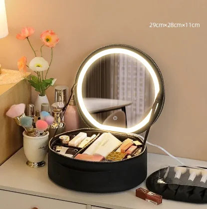 Round Smart LED Makeup Bag With Mirror Lights Women Beauty Bag Large Capacity PU Leather Travel Organizers Cosmetic Case Black