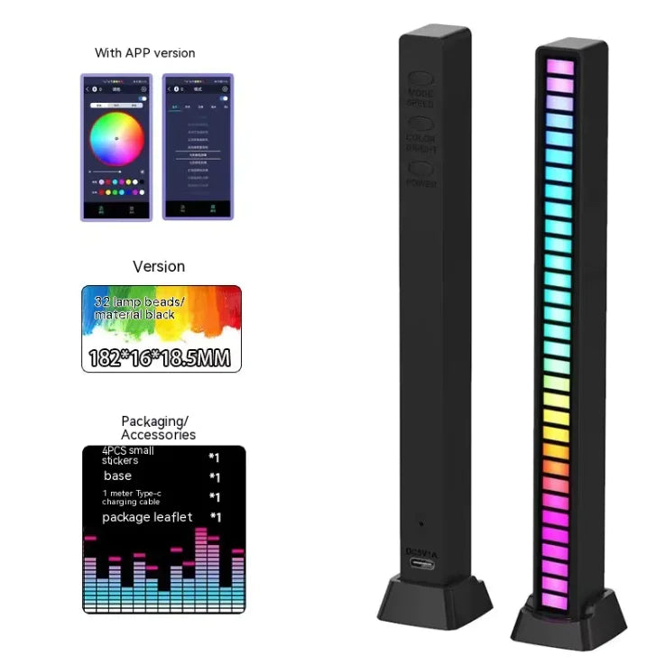 3D Double-sided Pickup Light RGB Voice Control Music Rhythm Lamp 32 Lamp Beads APP Black Usb Plug In Type