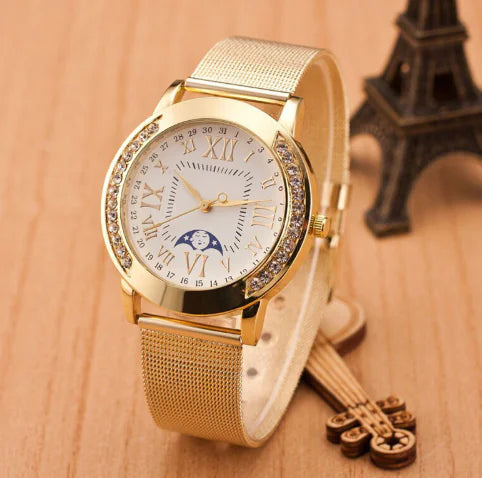 Geneva Diamond-Accent Watch with Celestial Dial & Mesh Band