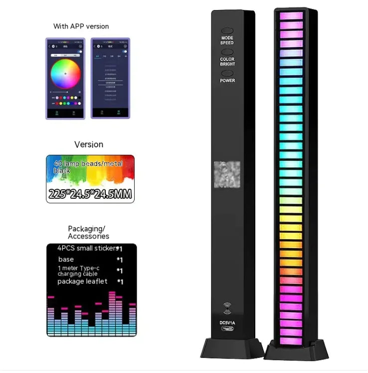 3D Double-sided Pickup Light RGB Voice Control Music Rhythm Lamp 40 Lamp Beads APP Metal Black Rechargeable