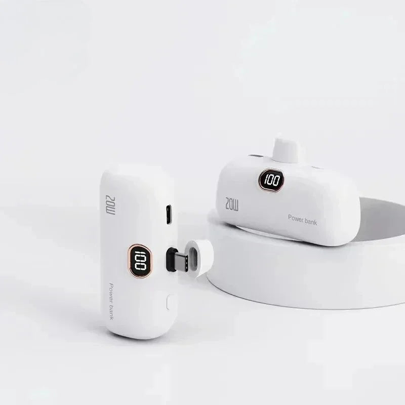 Mini 10000mAh Power Bank Built Cable Portable Mobile Phone Charger External Battery Capsule Powerbank For Type-C iPhone 5000mAh White Type-C