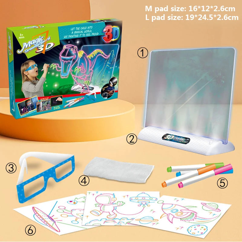 3D Magic Drawing Pad LED Light Colorful Space Ocean Dinosaur Painting Board Kids Educational Toys Grow Playmates Creative Gift