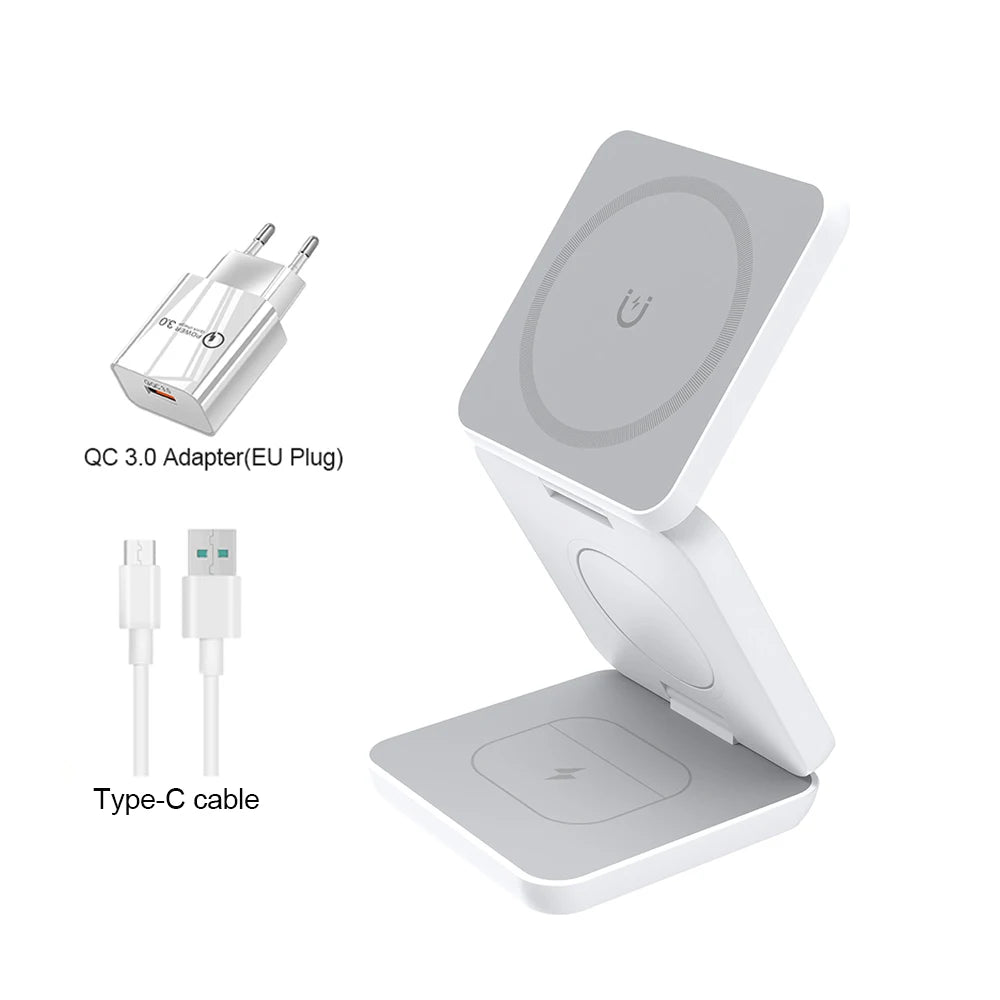 3 In 1 Foldable Magnetic Wireless Charger Stand For iPhone 16 15 14 13 Pro Max iWatch 10 9 AirPods Fast Charging Station Holder