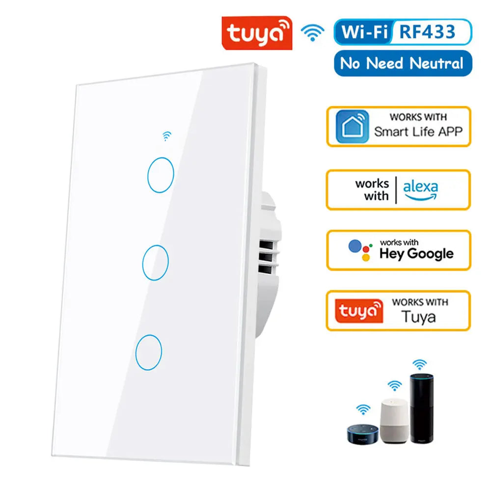 Touch Switch Tuya Smart Life Light WiFi RF433 Sensor Smart Switch App Remote Control No Neutral Wire 110V For Alexa Google Home