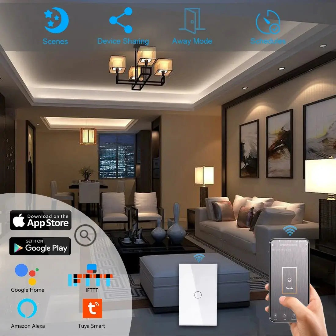 Tuya Smart Switches US No Neutral Wire Required 1/2/3 Gang Light WiFi Touch Switch Work with Alexa Google Home