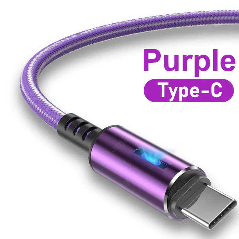 LED USB C Cable Fast Charging TYPE-C Cable 0.25m 1.2m 2m For Samsung A51 Huawei Xiaomi Cord For Android Mobile Phone Cables purple 1.2m