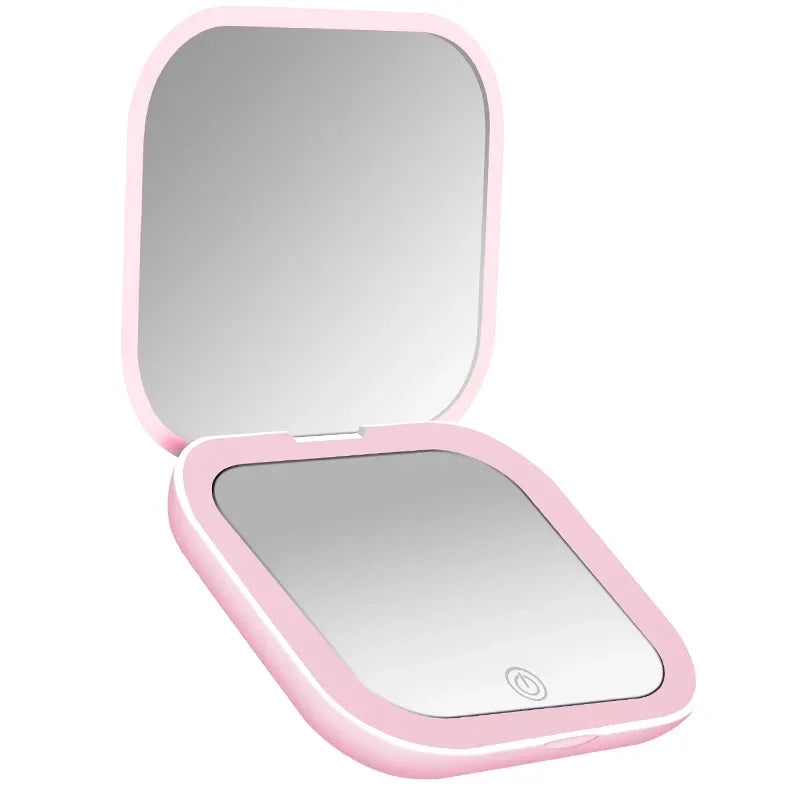 2X magnifying Compact Cosmetic Vanity Mirror with Lights Travel Mini Gift Folding Led Portable Hand Held Pocket Makeup Mirror
