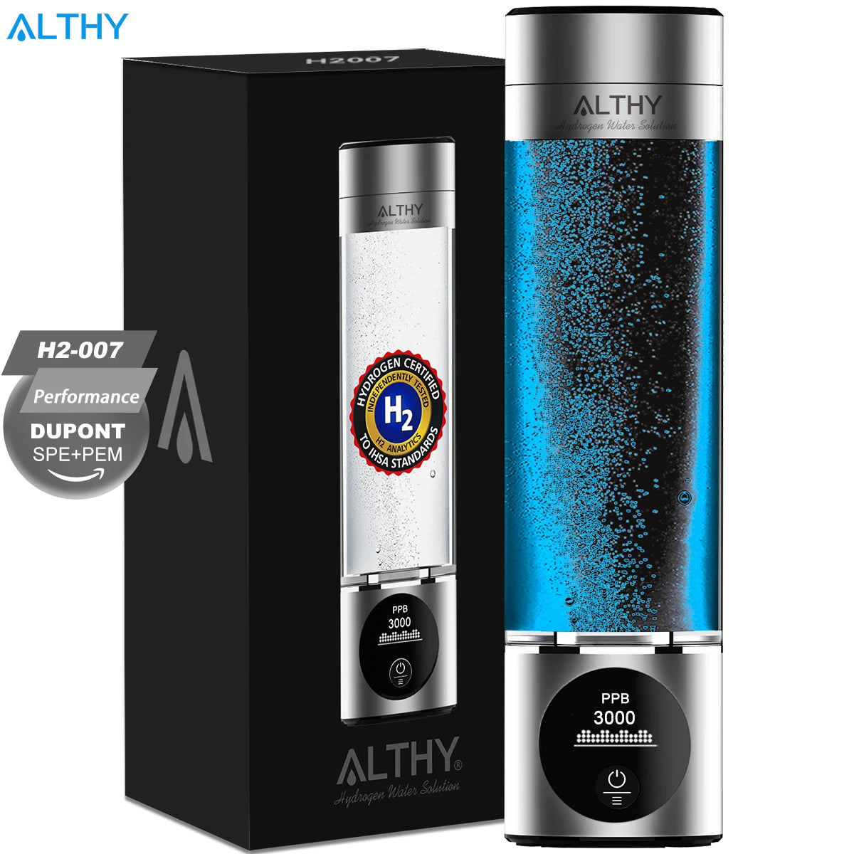 ALTHY, Performance Hydrogen Water Generator, Bottle, DuPont, SPE+PEM, Dual, Chamber + PPB&Time&Battery, Display, + H2 Inhalation, Device