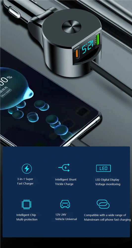 PD30W 3-in-1 Retractable USB Car Charger – Type C Fast Charging Adapter for iPhone, Samsung, Huawei Mobile Devices