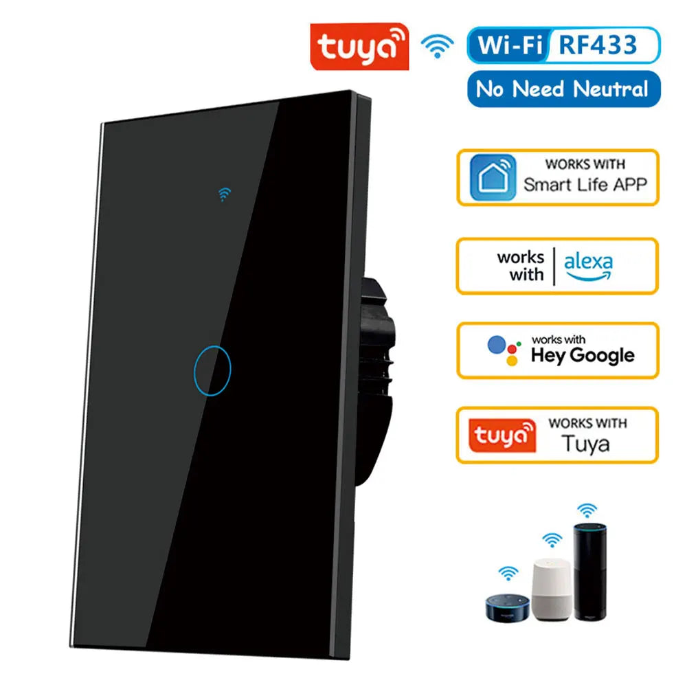 Touch Switch Tuya Smart Life Light WiFi RF433 Sensor Smart Switch App Remote Control No Neutral Wire 110V For Alexa Google Home