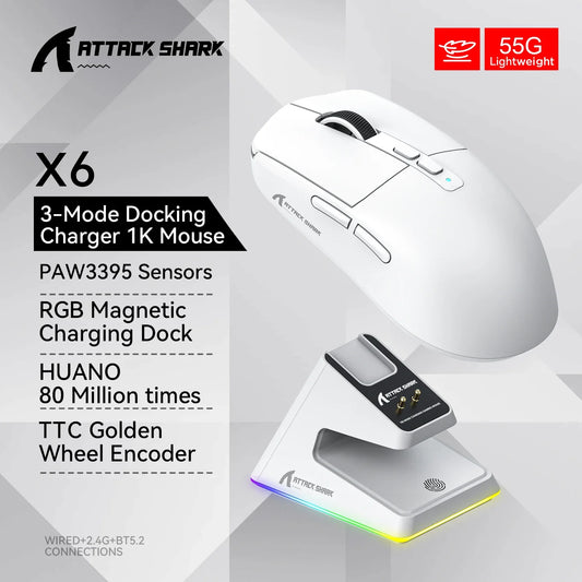 Attack Shark X6 PixArt PAW3395 Gaming Mouse, Bluetooth Tri-Mode Connection, RGB Touch Magnetic Charging Base
