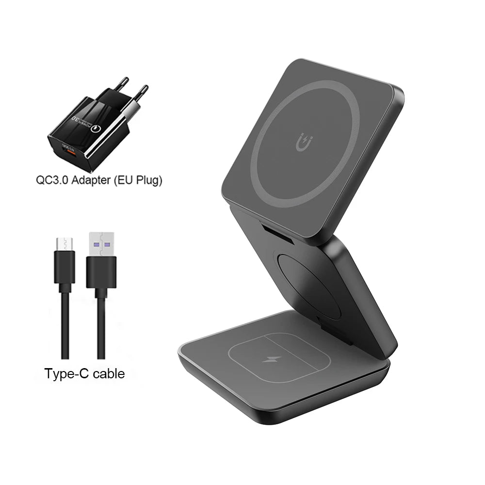 3 In 1 Foldable Magnetic Wireless Charger Stand For iPhone 16 15 14 13 Pro Max iWatch 10 9 AirPods Fast Charging Station Holder