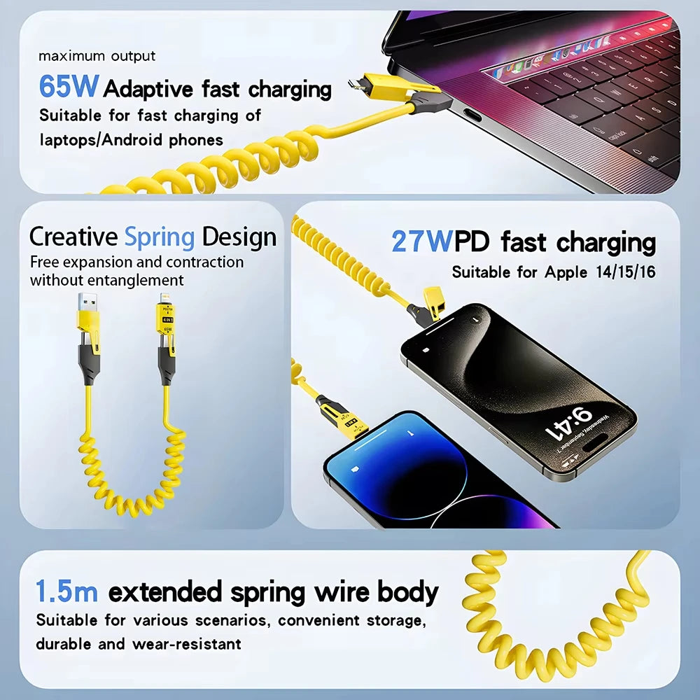 NNBILI 4 in 1 65W Spring Short Data Cable 6A USB Type C Spring Telescopic Quick Charger Wire Spring Cord for iPhone 15 14 13 11