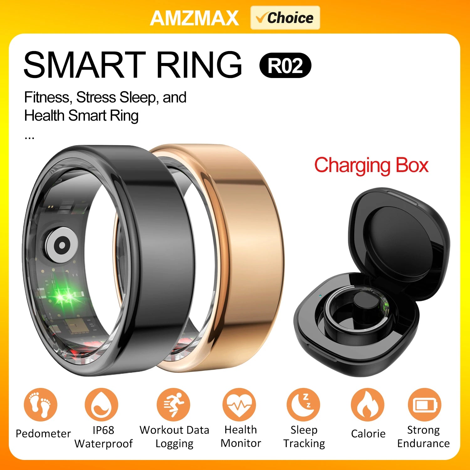 AMZMAX R02 Smart Ring Multi-sports Modes Pedometer Fitness Tracker Health Monitoring IP68 Waterproof Military Grade Smart Ring