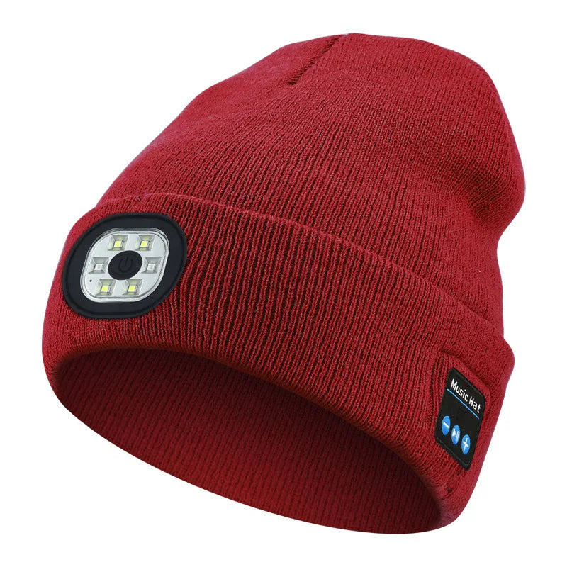 Handfree Warm Beanie Bluetooth 5.0 LED Hat Wireless Stereo Headset Music Player With MIC Support Dimming Rechargeable Battery wine red