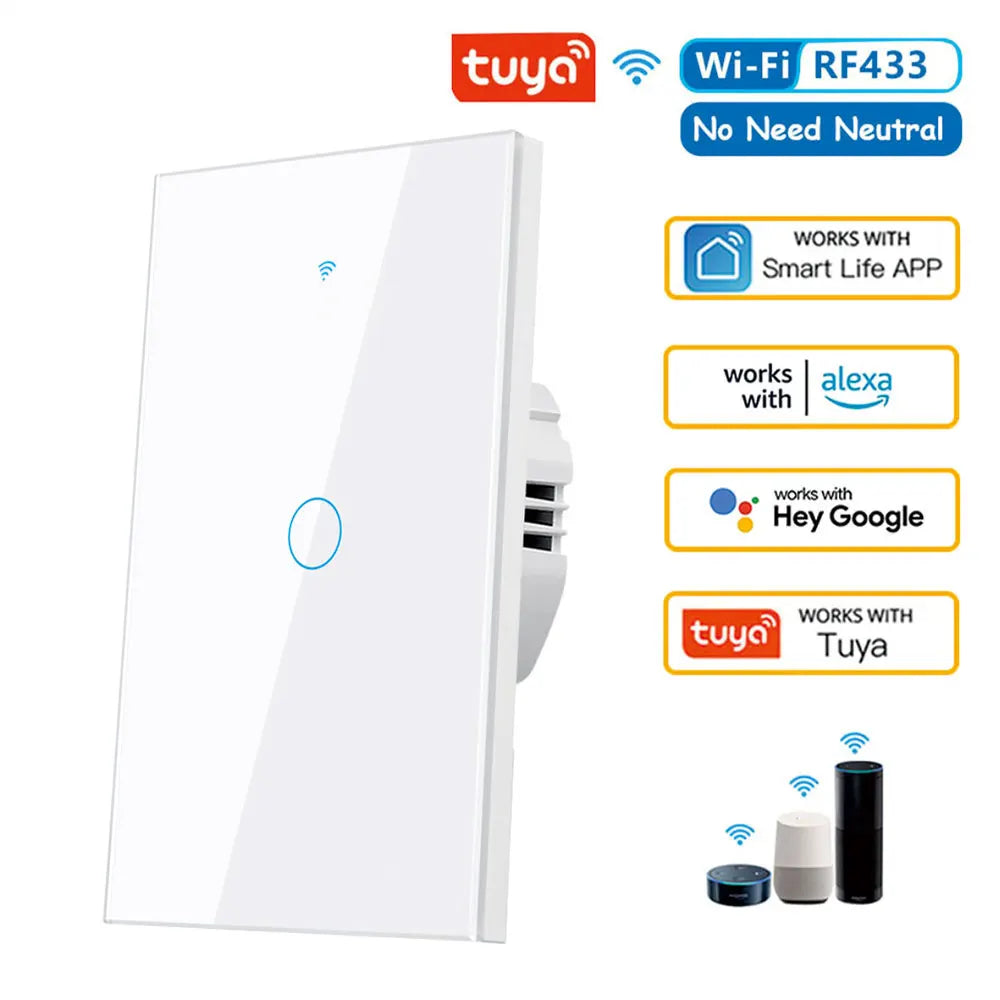 Touch Switch Tuya Smart Life Light WiFi RF433 Sensor Smart Switch App Remote Control No Neutral Wire 110V For Alexa Google Home