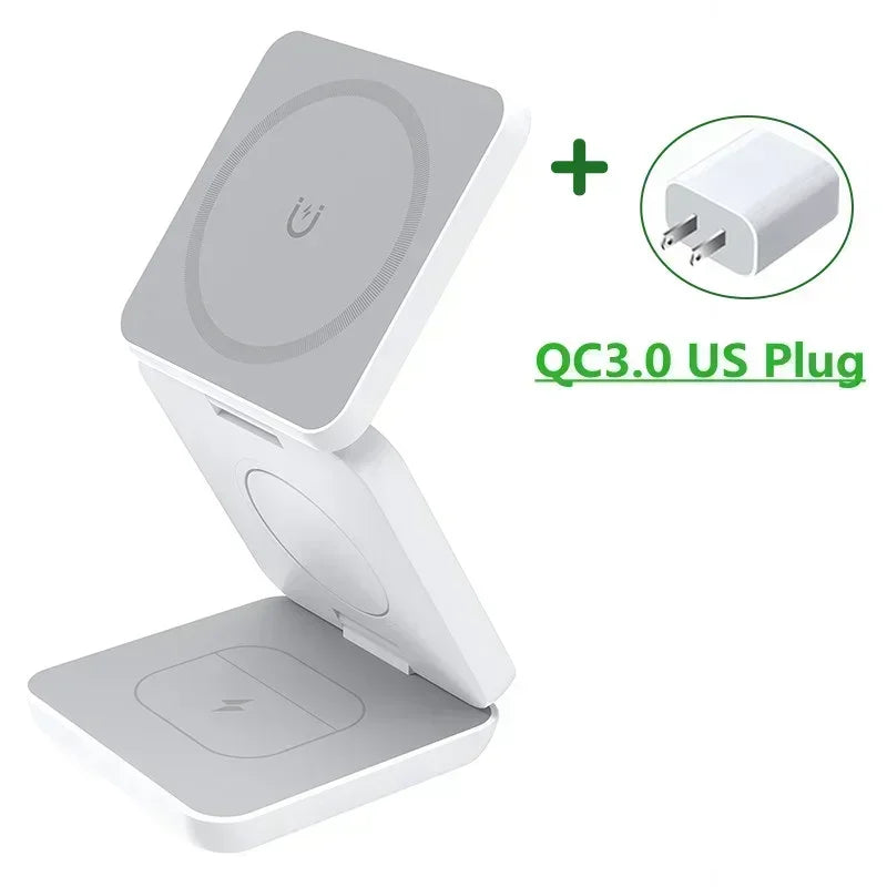 3 In 1 Foldable Magnetic Wireless Charger Stand For iPhone 16 15 14 13 Pro Max iWatch 10 9 AirPods Fast Charging Station Holder