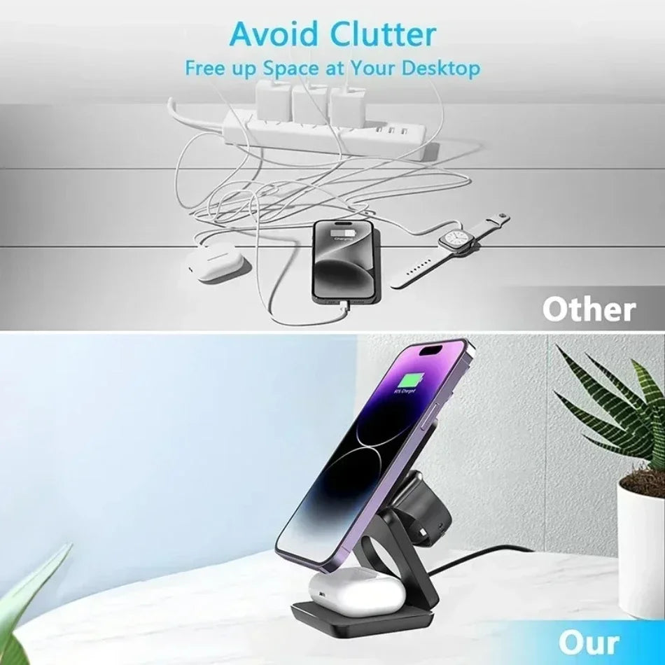 3 In 1 Foldable Magnetic Wireless Charger Stand For iPhone 16 15 14 13 Pro Max iWatch 10 9 AirPods Fast Charging Station Holder
