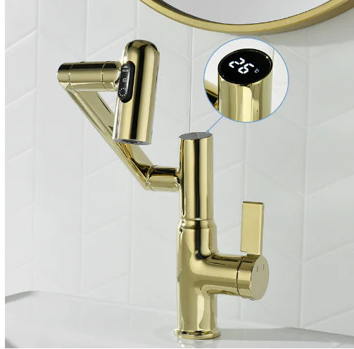 Rotating Digital Display Pull-Out Faucet Gold