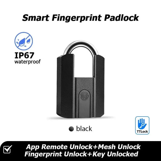 IP67 TTLock Smart Padlock — Bluetooth App Control, Fingerprint & Keyless Mini Lock Compatible with Alexa & Google Home Black