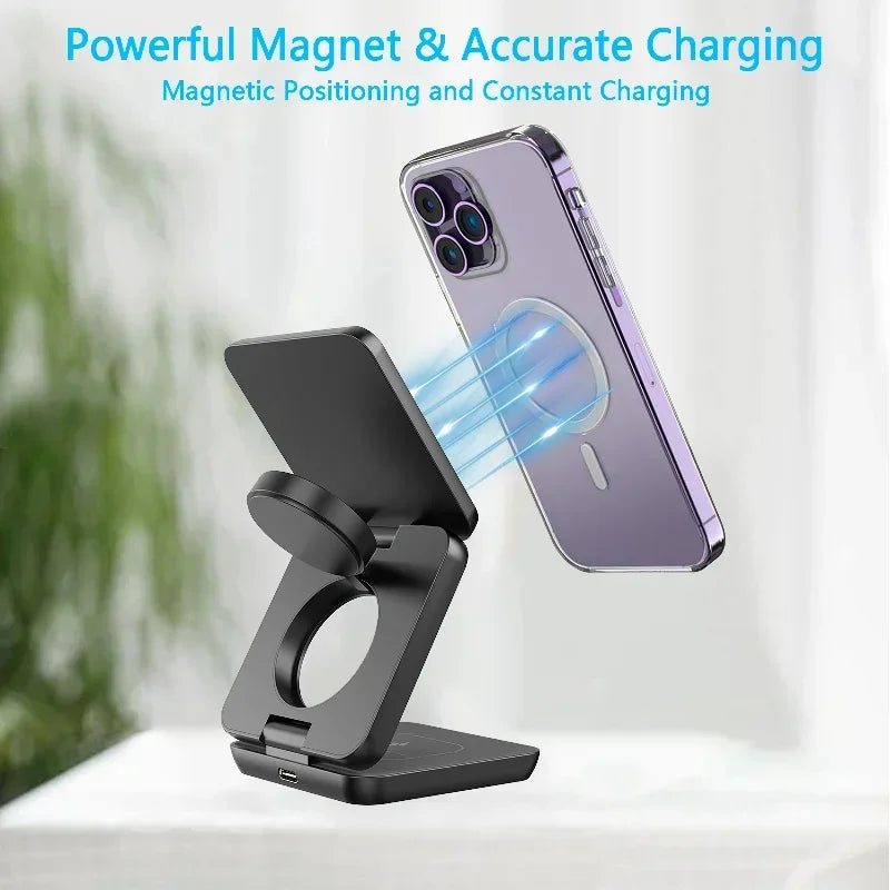 3 in 1 Magnetic Wireless Charger Fast Charging Dock Station Portable Foldable Stand Trip Charger For iPhone Apple Watch AirPods