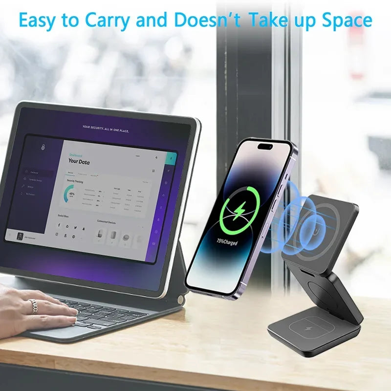 3 in 1 Magnetic Wireless Charger Fast Charging Dock Station Portable Foldable Stand Trip Charger For iPhone Apple Watch AirPods
