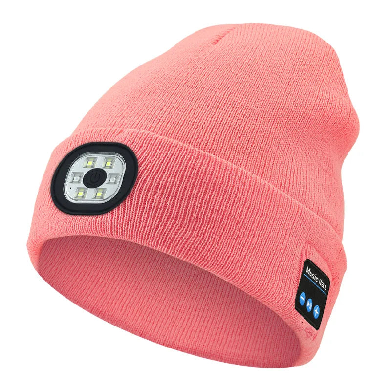 Handfree Warm Beanie Bluetooth 5.0 LED Hat Wireless Stereo Headset Music Player With MIC Support Dimming Rechargeable Battery Pink