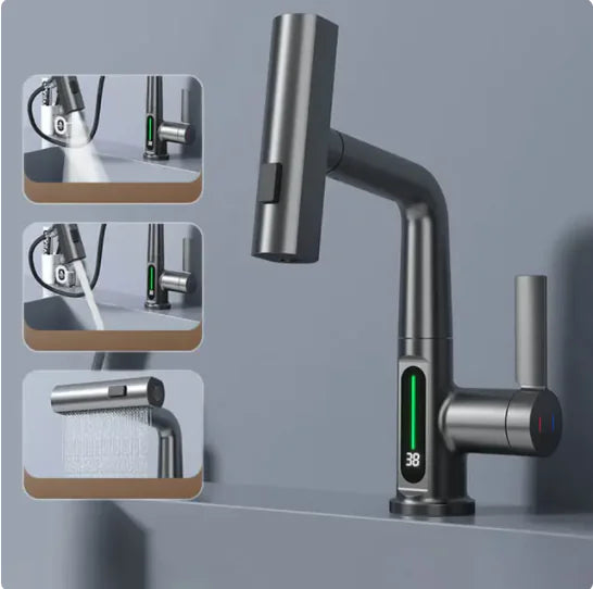 Digital Display Pull-Down Waterfall Basin Faucet Grey With screen