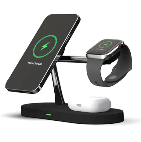 5-in-1 Magnetic Wireless Charger with Phone & Watch Stand – 15W Fast Charging Dock Black USB Outlet