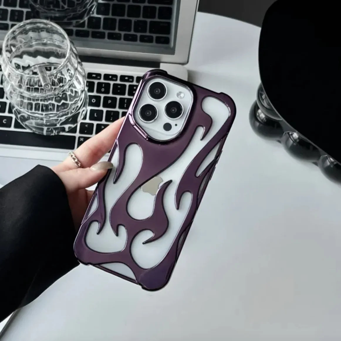 Flame Pattern Electroplated Phone Case Electroplating Purple 13pro 14pro 15pro