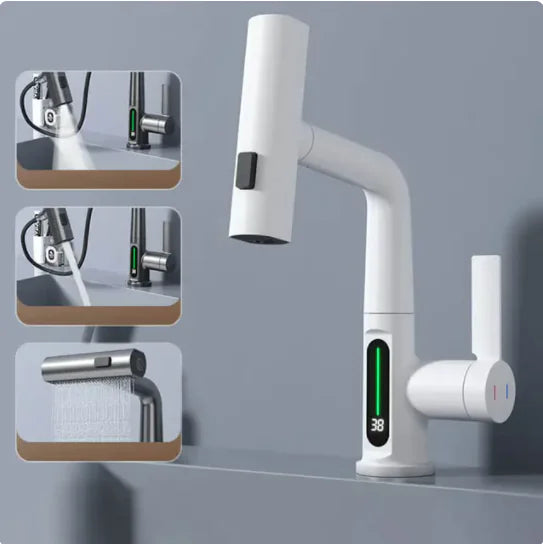 Digital Display Pull-Down Waterfall Basin Faucet White With screen