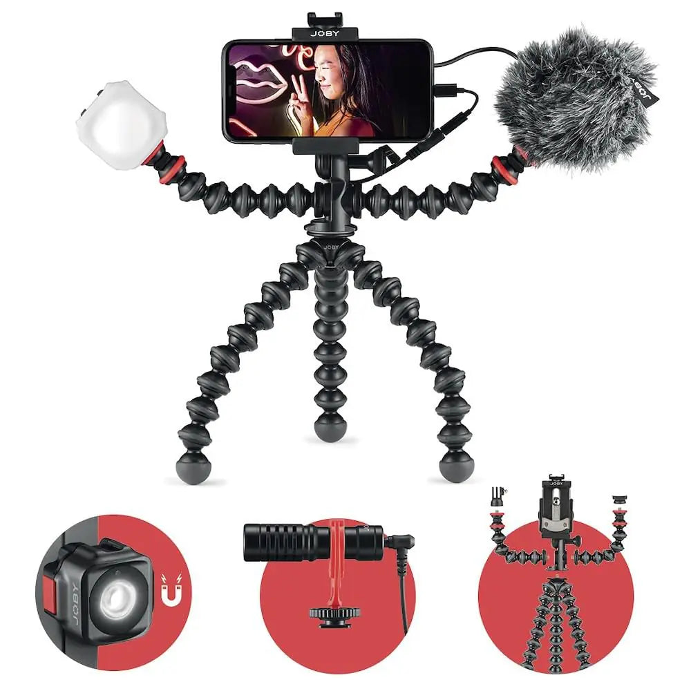 JOBY GorillaPod Mobile Vlogging Kit (Smartphone Rig Wavo Mobile Mic Beamo Mini LED Light) Flexible Tripod Phone Holder Vlogging Microphone Vlog Light Vlogging Camera Kit Content Creator Kit GPod Mobile Vlog Kit Standard
