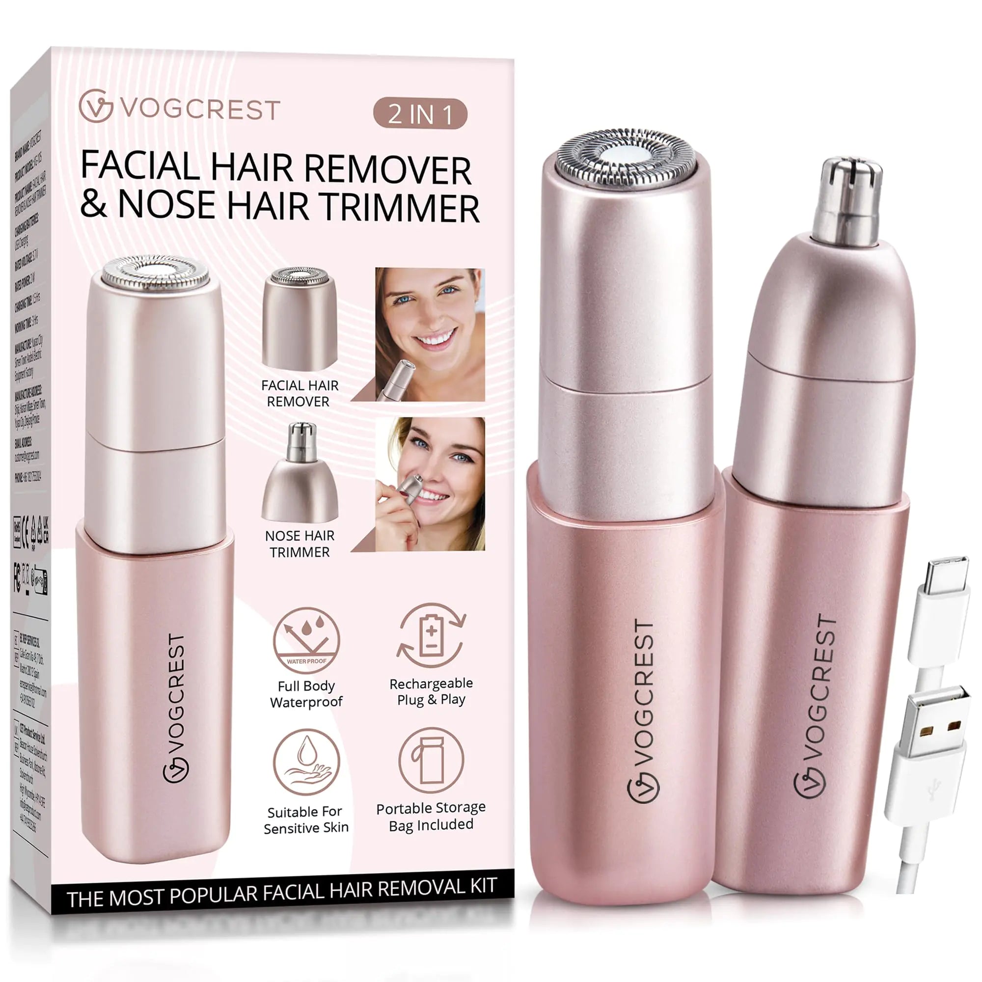 2-in-1 Facial & Nose Hair Remover for Women – Professional Painless Electric Shaver & Trimmer with USB-C Charging and Lifetime Guarantee