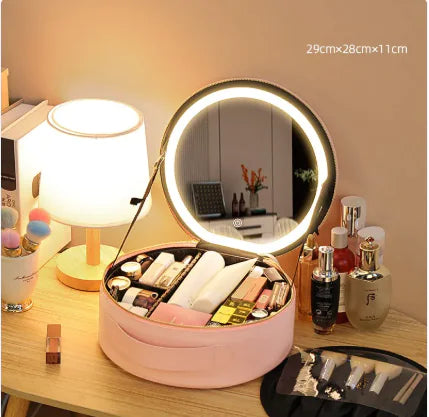 Round Smart LED Makeup Bag With Mirror Lights Women Beauty Bag Large Capacity PU Leather Travel Organizers Cosmetic Case Pink