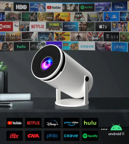 HY300 Portable Smart Projector - Android 11, WiFi 6 & 180° Rotating Stand