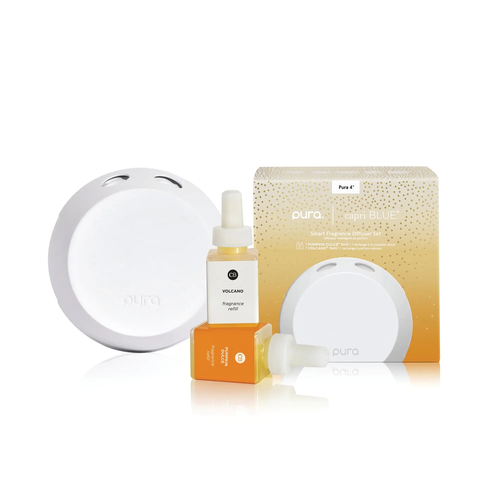 Capri Blue Pura 4 Smart Home Fragrance Scent Diffuser Kit - Includes 2 Capri Blue Pura Diffuser Refills - Luxury Room Fragrance - Wall Plug in Air Freshener (Volcano + Pumpkin Dulce)