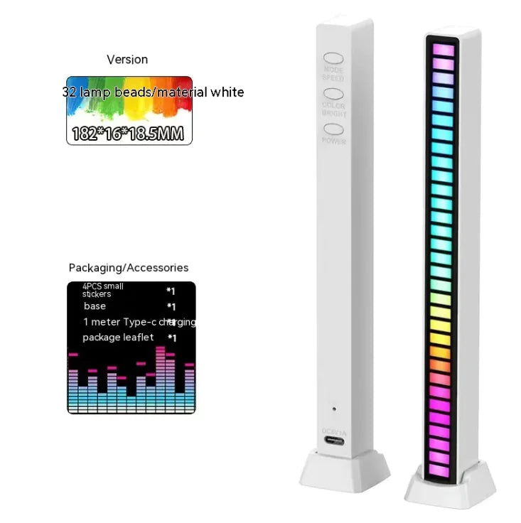3D Double-sided Pickup Light RGB Voice Control Music Rhythm Lamp 32 Lamp Beads White Rechargeable
